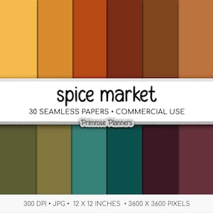 May include: A digital paper pack titled "spice market" featuring 30 seamless papers in various warm colors, including shades of yellow, orange, brown, green, teal, and burgundy. The papers are 12 x 12 inches and suitable for commercial use.
