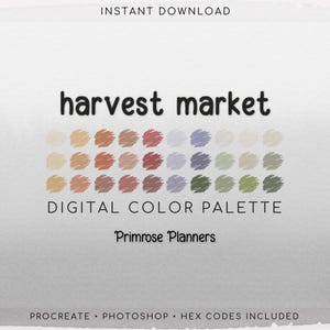 Harvest Market Procreate Palette & Photoshop Swatches, Muted Autumn Red Gold Orange Lavender Green, Rustic Fall, Hex Codes