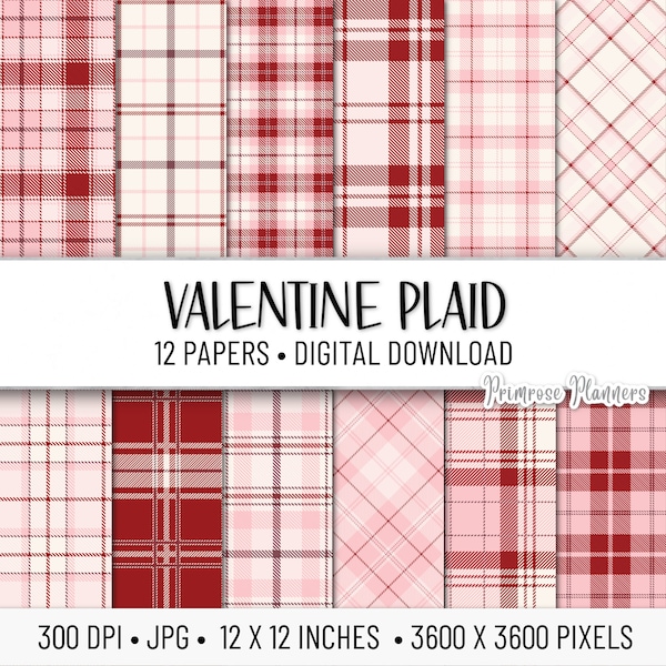 Valentine Plaid Digital Paper Pack | Digital Plaid Paper | Holiday Digital Paper | Instant Download | Tartan Plaid | Red and Pink