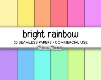 Solid Digital Paper Bright Pastel Rainbow | Vibrant Color Palette | Pink Orange Yellow Green Blue Purple | Plain Cardstock