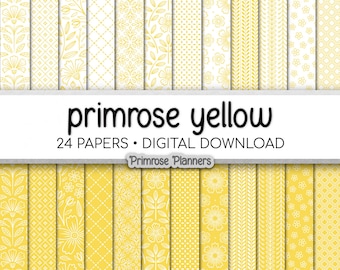 Gelbes und weißes Blumen-Digital-Papier, minimalistische Boho-Muster, sonnige Primrose, nahtloses Scrapbooking, Kinderzimmer-Frühlingsdruck