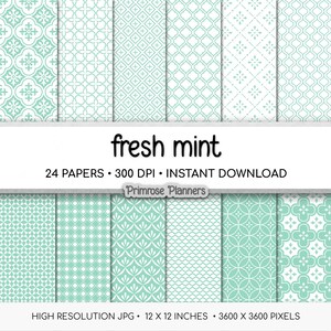 Fresh Mint Digital Paper | Moroccan Tile, Quatrefoil Patterns | Pastel Green Printables | Farmhouse Scrapbook Pages
