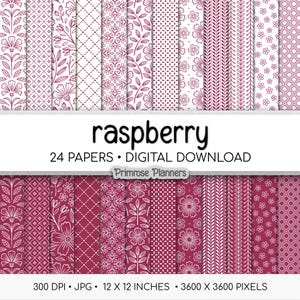 Papel digital blanco y frambuesa, patrones bohemios minimalistas, scrapbooking en rosa intenso y rojo, impresión para San Valentín y bodas.
