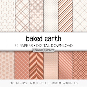 May include: A digital download featuring a collection of 72 papers with various patterns in shades of beige and terracotta. Patterns include hexagons, diagonal lines, and geometric shapes. The text "baked earth" is displayed, along with "12 x 12 inches" dimensions.