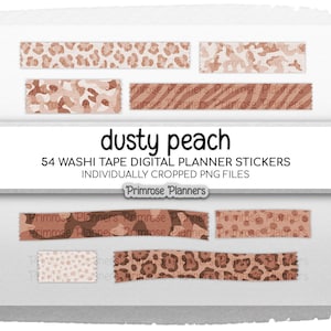 May include: A collection of dusty peach washi tape digital planner stickers. The stickers feature various patterns, including leopard print and camouflage. The text "dusty peach" and "Primrose Planners" are also visible.