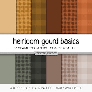 Peut inclure: Une collection de 36 papiers sans couture avec divers motifs et couleurs, dont des carreaux et des motifs unis. La palette de couleurs comprend des tons chauds comme l'orange, le marron et le beige. Le texte indique "heirloom gourd basics" et "36 papiers sans couture usage commercial".