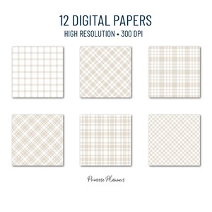 K&ouml;nnte beinhalten: Zw&ouml;lf digitale Papiere mit beige-wei&szlig;en Karomustern. Hohe Aufl&ouml;sung, 300 DPI. Primrose Planners.