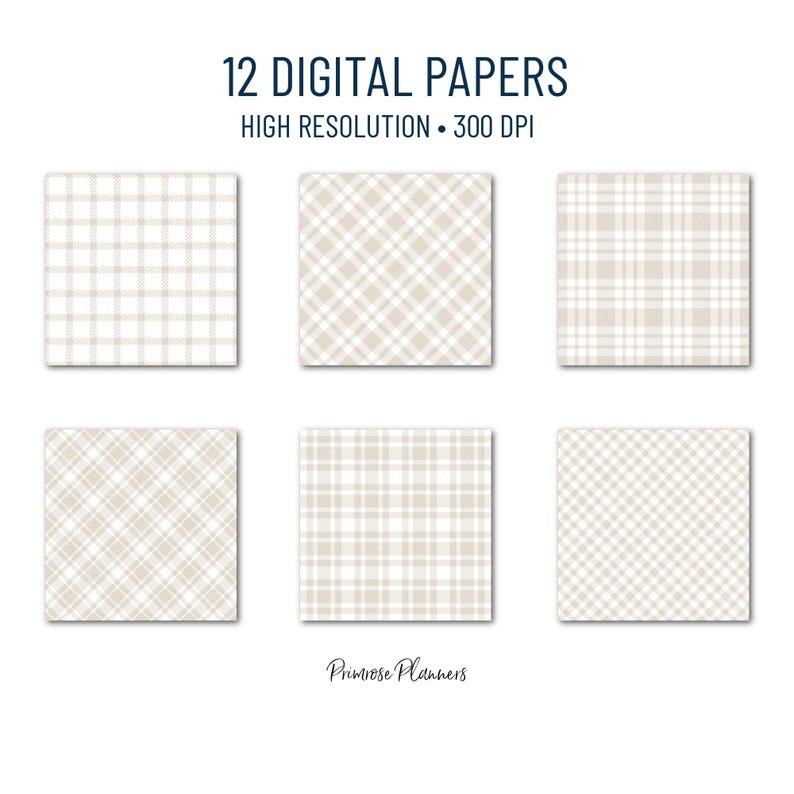 K&ouml;nnte beinhalten: Zw&ouml;lf digitale Papiere mit beige-wei&szlig;en Karomustern. Hohe Aufl&ouml;sung, 300 DPI. Primrose Planners.