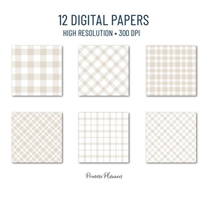 K&ouml;nnte beinhalten: Zw&ouml;lf digitale Papiere mit beige und wei&szlig;en Gingham-Mustern. Die Papiere sind in hoher Aufl&ouml;sung und 300 DPI. Der Text "12 DIGITAL PAPERS" und "HIGH RESOLUTION - 300 DPI" befindet sich oben im Bild. Der Text "Primrose Planners" befindet sich unten im Bild.