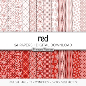 Könnte beinhalten: Eine Sammlung von 24 digitalen Papieren mit roten und weißen Mustern. Die Designs umfassen florale, geometrische und gepunktete Motive. Der Text "red" ist prominent dargestellt, zusammen mit "24 PAPERS • DIGITAL DOWNLOAD" und "Primrose Planners". Jedes Papier misst 30.48 x 30.48 cm.