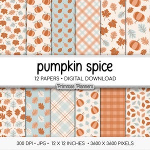 Pumpkin Spice Digital Paper, Fall Plaid, Pumpkin Patterns, Autumn Buffalo Check, Thanksgiving Scrapbook