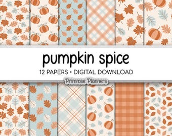 Pumpkin Spice Digital Paper, Fall Plaid, Pumpkin Patterns, Autumn Buffalo Check, Thanksgiving Scrapbook