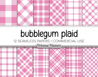 Seamless Bubblegum Pink Plaid Digital Paper, Buffalo Check, Pastel Tartan Patterns, Baby Shower Scrapbook, Commercial Use, 300 DPI