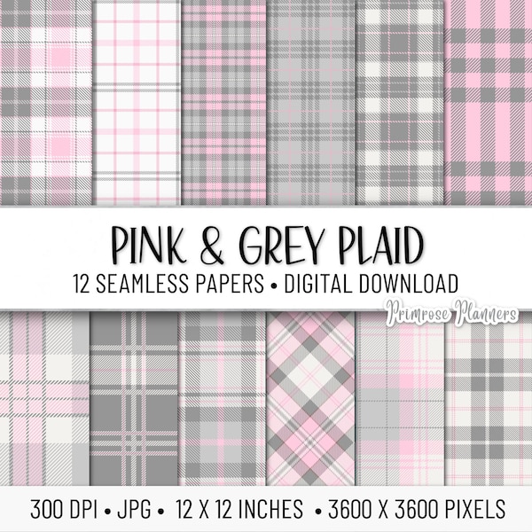 Pink and Grey Tartan Plaid Digital Paper Pack | Digital Gray Paper | Plaid Digital Paper | Instant Download for Commercial Use | Pink Plaid