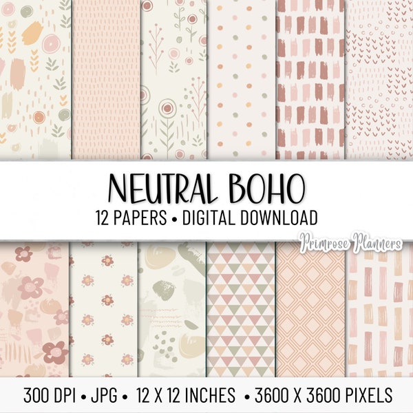 Neutral Boho Digital Paper Pack | Digital Tan and Brown Paper | Bohemian Digital Paper | Instant Download | Card Making