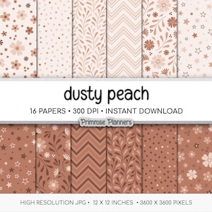 May include: Sixteen digital papers in a dusty peach colour scheme, featuring floral, polka dot, star, and geometric patterns. The text "dusty peach" is displayed, along with resolution and size details. Each paper measures 30.48 cm x 30.48 cm.