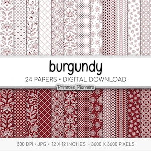May include: A set of 24 digital papers in burgundy, showcasing diverse floral and geometric designs. The papers measure 30.48 x 30.48 cm and are available as a digital download. The image includes the text "burgundy" and "24 PAPERS • DIGITAL DOWNLOAD."