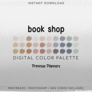 Procreate-palet en Photoshop-stalen boekenwinkel, Dark Academia Library, gedempt roestbruin marineblauw blauwgroenbeige, hexadecimale codes