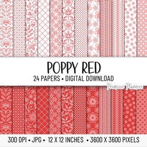 POPPY RED Patterns Digital Paper Pack | Digital Striped Paper | Printable Scrapbook Paper | Base Paper | Instant Download | Floral, Flowers