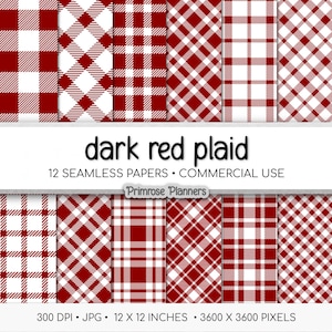 Seamless Dark Red Plaid Digital Paper, Buffalo Check, White Tartan Patterns, Christmas Scrapbook, Commercial Use, 300 DPI