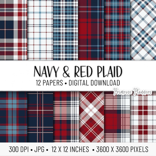 Navy and Red Plaid Digital Paper Pack | Digital Plaid Paper | Patriotic Digital Paper | Instant Download | Tartan Plaid | Blue and Red