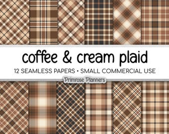 Coffee Brown and Cream Plaid Digital Paper, Buffalo Check, Neutral Mocha Tartan Patterns, Rustic Farmhouse Scrapbook, Commercial Use