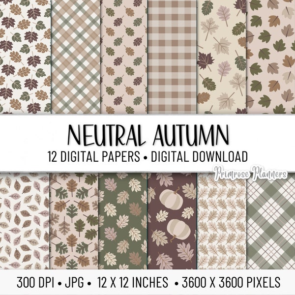 Autumn Leaves Digital Paper Pack | Digital Plaid Paper | Autumn Plaid Digital Paper | Instant Download | Fall Paper Pack | Neutral, Green