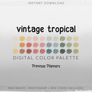 Puede incluir: Una paleta de colores digital titulada "vintage tropical" con una variedad de colores dispuestos en filas. La paleta incluye tonos de amarillo, naranja, rosa, verde y azul. El texto en la parte inferior dice "Procreate • Photoshop • Hex Codes Included."