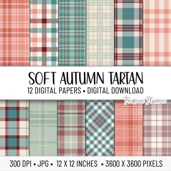 Soft Autumn Tartan Digital Paper Pack | Digital Teal and Maroon Paper | Autumn Digital Paper | Instant Download for Commercial Use | Plaid