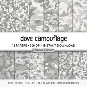 May include: A digital paper pack featuring twelve different patterns of dove camouflage in shades of gray and white. The text "dove camouflage" is displayed, along with details about the resolution and size: 12 x 12 inches.