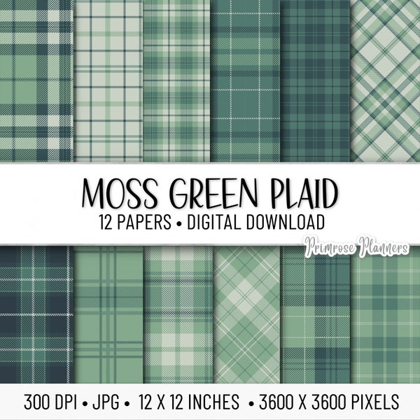 Moss Green Plaid Digital Paper Pack | Digital Plaid Paper | Plaid Pattern | Instant Download | Tartan Plaid | Moss and Sage | Card Making