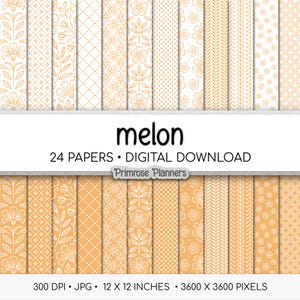 May include: A collection of 24 digital papers with various floral and geometric patterns in white and melon colors. The text "melon" and "24 PAPERS • DIGITAL DOWNLOAD" are displayed. The papers are 12 x 12 inches and 3600 x 3600 pixels.