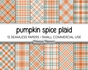Seamless Pumpkin Spice and Blue Plaid Digital Paper, Buffalo Check, Rust Navy Brown Tartan, Modern Fall Thanksgiving, Commercial Use