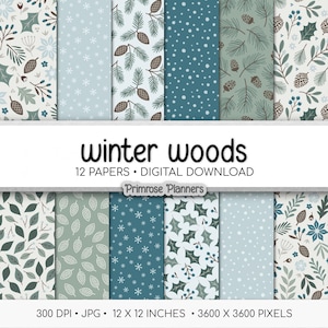 May include: A digital download featuring twelve winter-themed papers. The papers showcase various patterns, including pinecones, snowflakes, and foliage in shades of blue, green, and white. Each paper measures 12 x 12 inches.