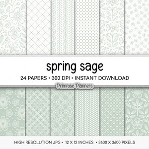 Spring Sage Digital Paper | Minimal Floral, Geometric Patterns | Pastel Jade Green | Calming Boho Scrapbook Backgrounds