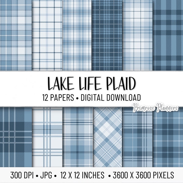 Lake Life Blue Plaid Digital Paper Pack | Digital Plaid Paper | Plaid Background | Instant Download | Tartan Plaid | Blue Gray
