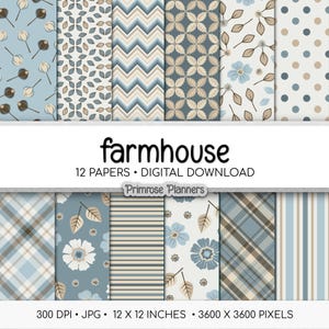 Farmhouse Teal Blue Floral Digital Paper, Vintage Duck Egg Flower Patterns, Rustic Cottagecore Scrapbook, 300 DPI