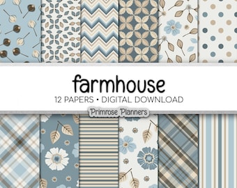 Farmhouse Teal Blue Floral Digital Paper, Vintage Duck Egg Flower Patterns, Rustic Cottagecore Scrapbook, 300 DPI
