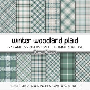 Seamless Winter Plaid Digital Paper, Forest Green Slate Blue Grey, Buffalo Check Tartan, Mountain Woodland Scrapbook, Commercial Use