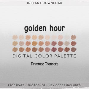 Palet Golden Hour Procreate en Photoshop-stalen, warme neutrale neutrale kleuren, gebrand oranje koperroestbeige, hexadecimale codes