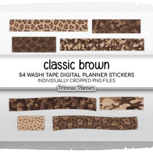 Könnte beinhalten: Digitale Planer-Aufkleber mit braunen Washi-Tape-Designs, darunter Leoparden- und Camouflage-Muster. Der Text "classic brown" ist zu sehen, zusammen mit dem Text "54 WASHI TAPE DIGITAL PLANNER STICKERS".