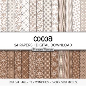 Cocoa Brown Boho Floral Digital Paper, Minimal White Flower Seamless Patterns, Earthy Neutral Scrapbook Backgrounds