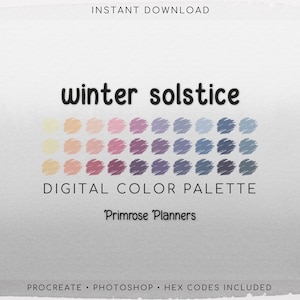 Winter-Sonnenwende Procreate Palette & Photoshop-Farbfelder, dunstiges blasses Gelb, rosa Lila Blau, verträumter Sonnenuntergang, Hex-Codes