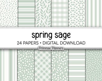 Spring Sage Farmhouse Digital Paper, Light Green Scrapbook Paper, Cottagecore Plaid Floral Stripe Backgrounds