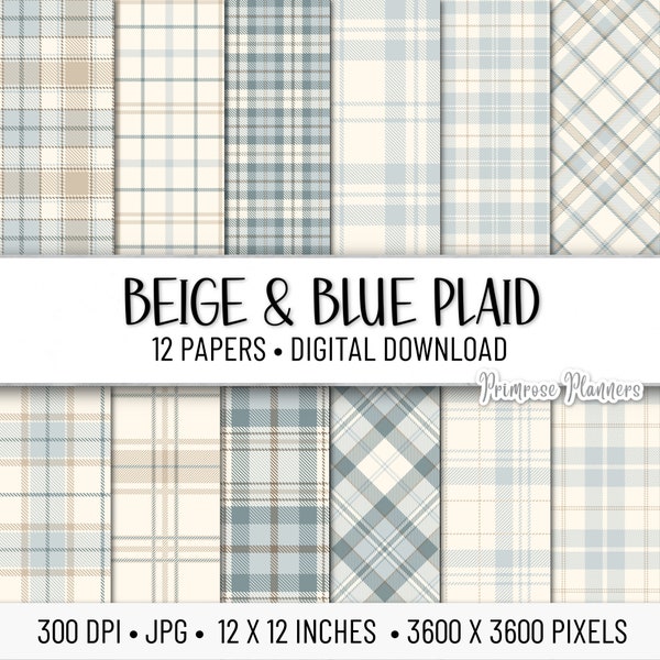 Paquet de papier numérique écossais beige et bleu | Papier écossais numérique à motif tartan | Motif à carreaux | Téléchargement instantané | Utilisation commerciale | Plaid beige