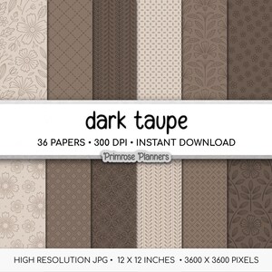 Beige and Dark Taupe Digital Paper Bundle, Neutral Floral Stripe Star Leaf Pattern Scrapbook Paper, Modern Farmhouse Digital Download