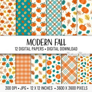 Modern Fall Digital Paper Pack | Digital Plaid Paper | Autumn Digital Paper | Instant Download | Fall Paper Pack | Orange, Teal, Yellow