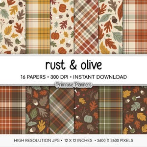 Rust and Olive Digital Paper Pack, Earthy Fall Leaves Backgrounds, Rustic Plaid Prints, Cozy Thanksgiving Scrapbook Paper