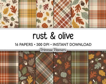 May include: A digital paper collection titled rust & olive featuring 16 patterns with autumn motifs including pumpkins, acorns, mushrooms, and leaves in shades of orange, brown, and olive green, alongside plaid designs, measuring 30.48 x 30.48 cm.