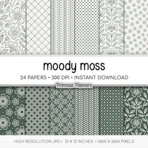 May include: A collection of digital papers with various patterns in shades of green and white. The patterns include floral, geometric, and leaf designs. The text "moody moss" is displayed, along with "24 papers" and "12 x 12 inches".